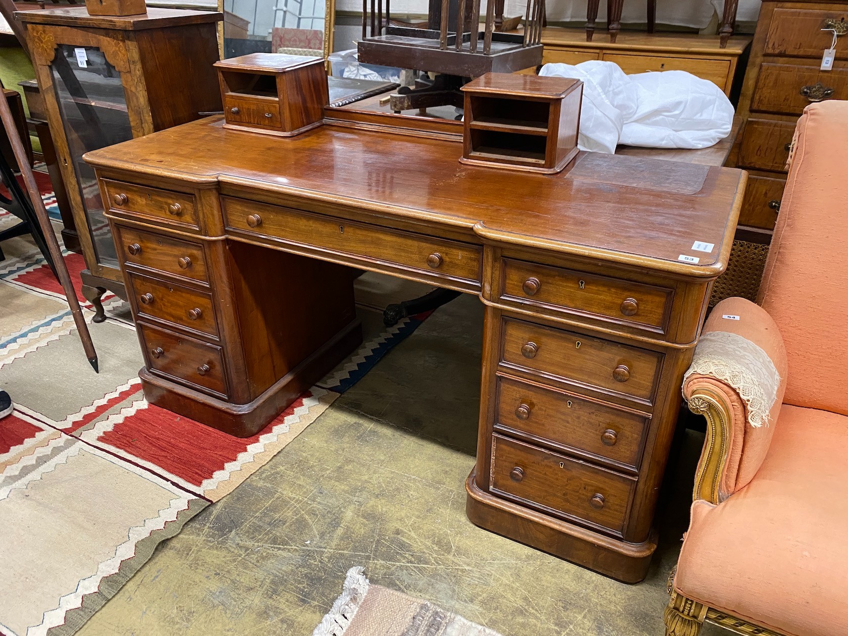 A Victorian mahogany kneehole dressing table, width 152cm, depth 60cm, height 78cm